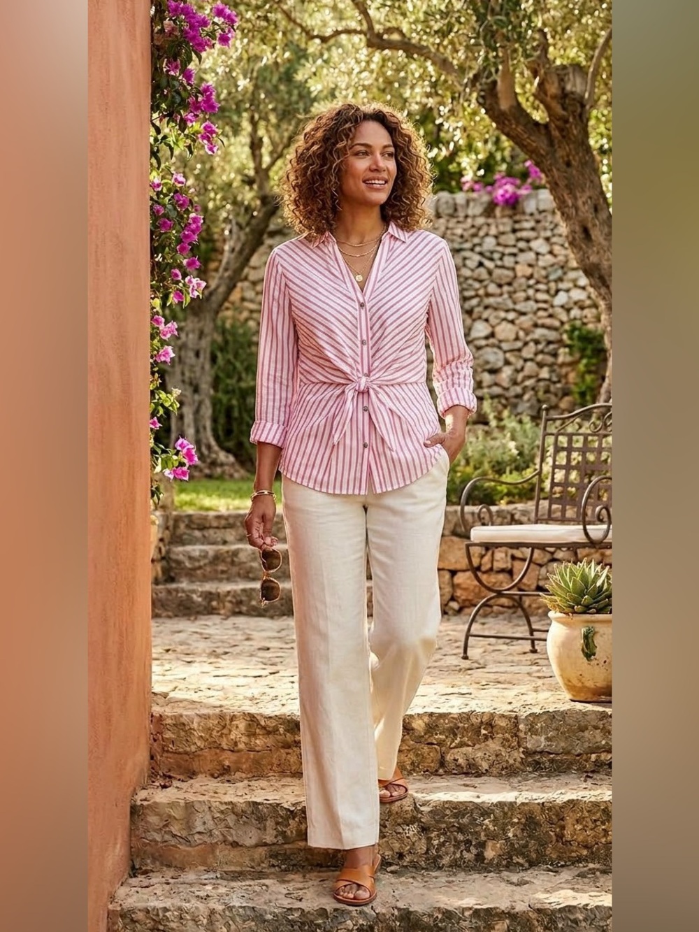 Nic + Zoe || womans Pink and white Striped  Iconic Tie Front Shirt size Small